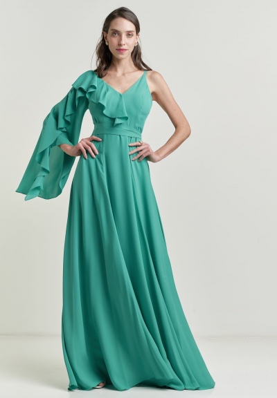 vestido longo com babado na manga