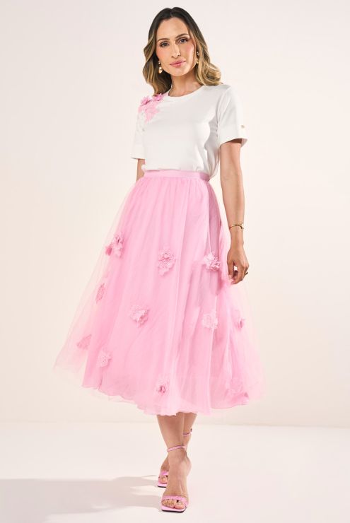 Conjunto Saia Em Tule Com Flores Godê Midi Suspiros de Elegância Fascinius