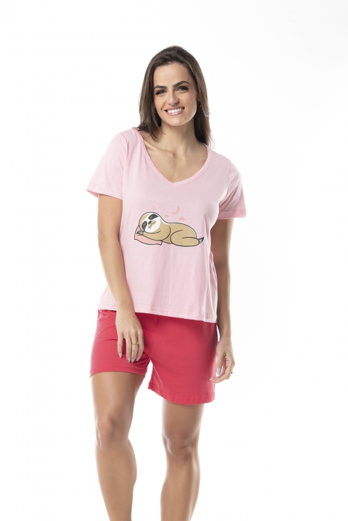 Pijama Feminino Gola V Manga Curta e Shorts Estampa Bicho Preguiça